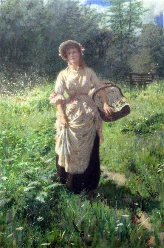 Percy Tarrant (1879-1930) Woman carrying a basket in a meadow, 14.5 x 9.5in.